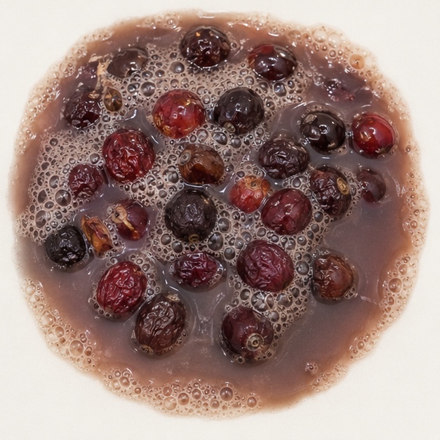 Whole coffee cherries part submerged in cloudy reddish-brown fermenting juice, with foam across the surface