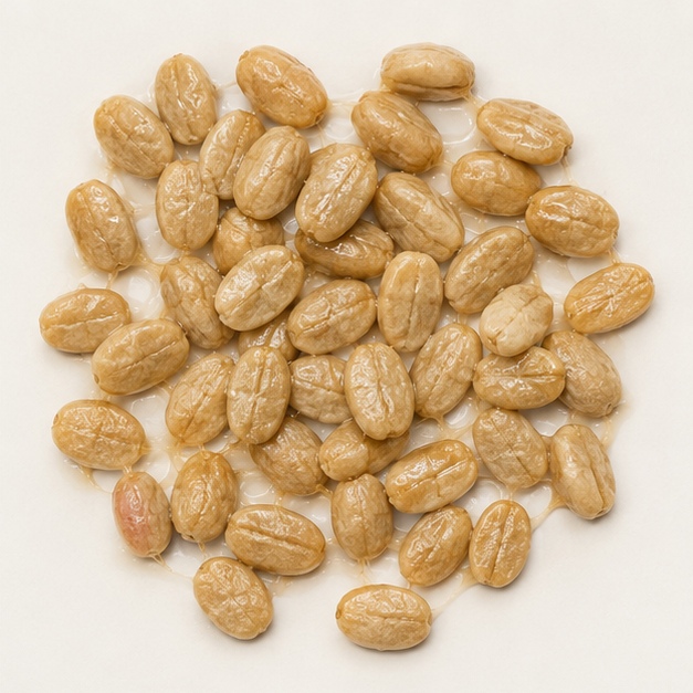 The same parchment-covered seeds, coated in a thin sticky amber film of fruit mucilage that strings between them