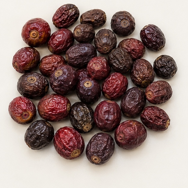 Whole coffee cherries drying with the fruit still on, skins wrinkled and leathery, ranging from red to nearly black