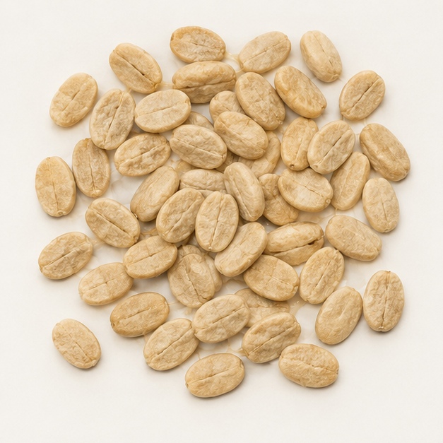 Coffee seeds drying inside their dry, papery, straw-colored parchment husk, with no fruit left on them